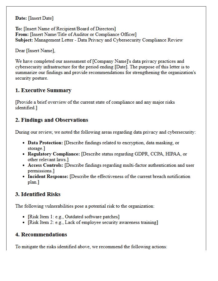 Management Letter on Data Privacy and Cybersecurity Compliance