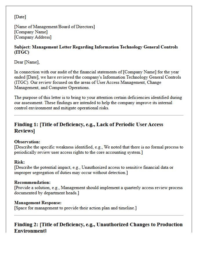 Management Letter on Information Technology General Controls Deficiencies
