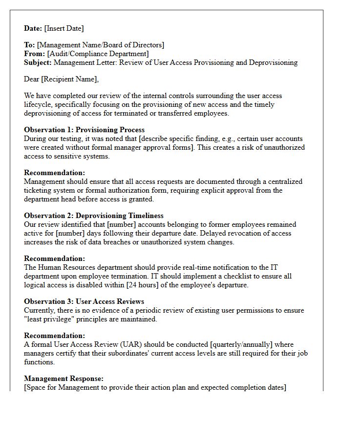 Management Letter on User Access Provisioning and Deprovisioning