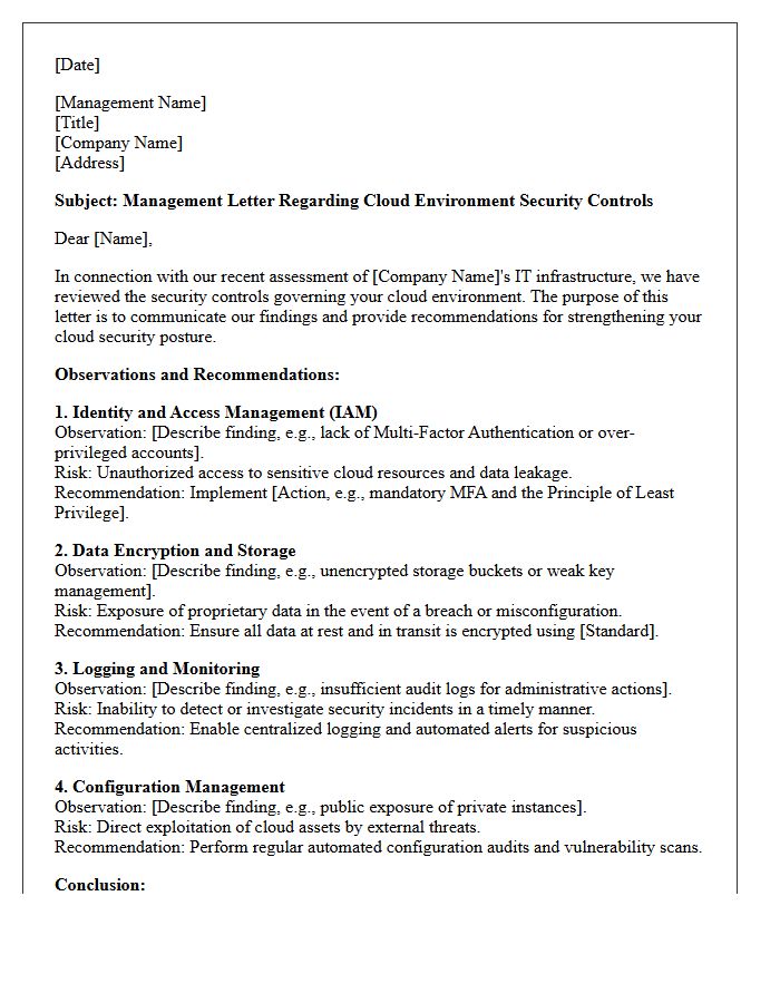 Management Letter Regarding Cloud Environment Security Controls