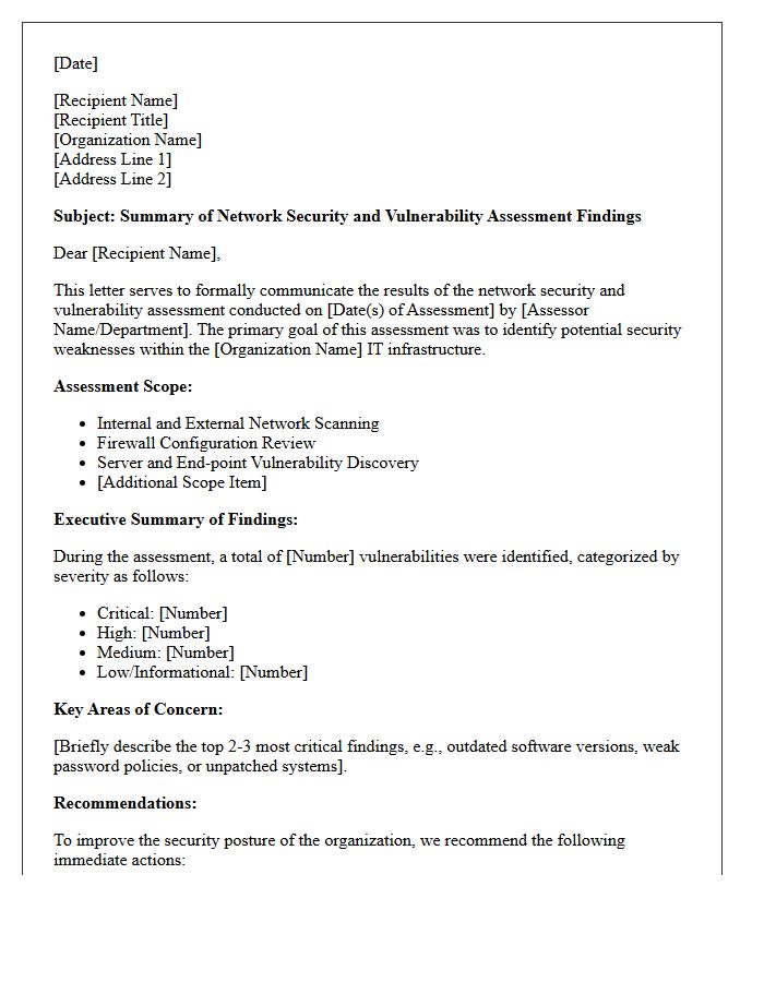 Network Security and Vulnerability Assessment Findings Letter