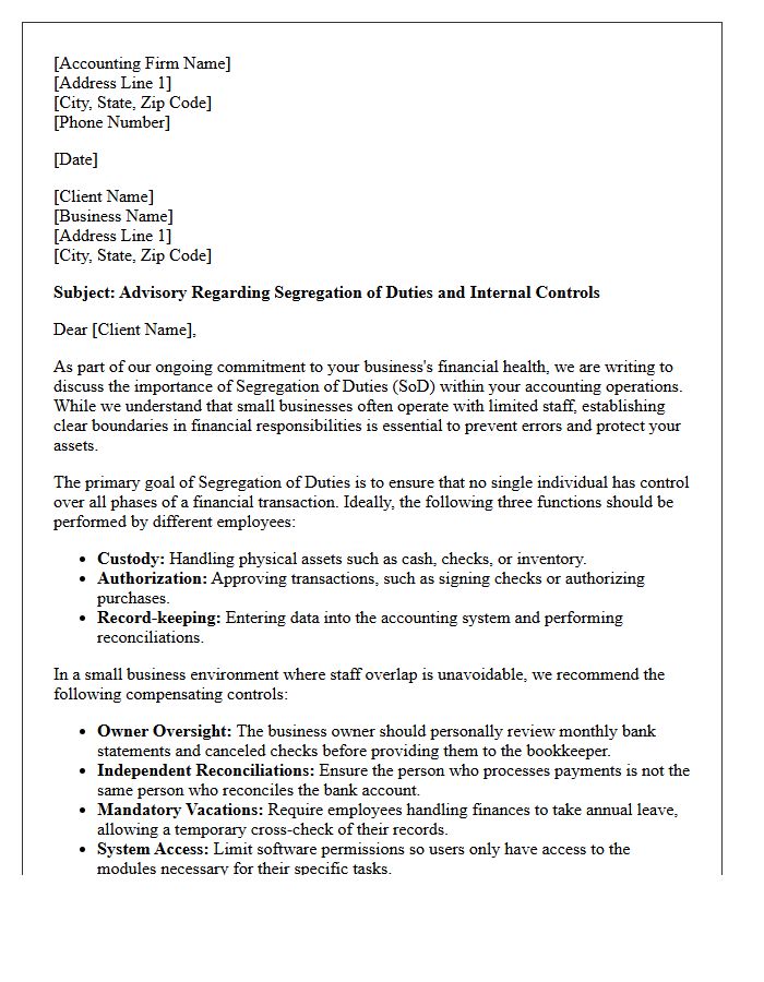 Accounting Firm Advisory Letter Addressing Segregation of Duties in Small Business Operations