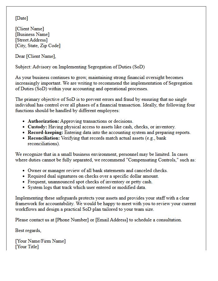 Advisory Letter on Implementing Segregation of Duties for Small Business Clients