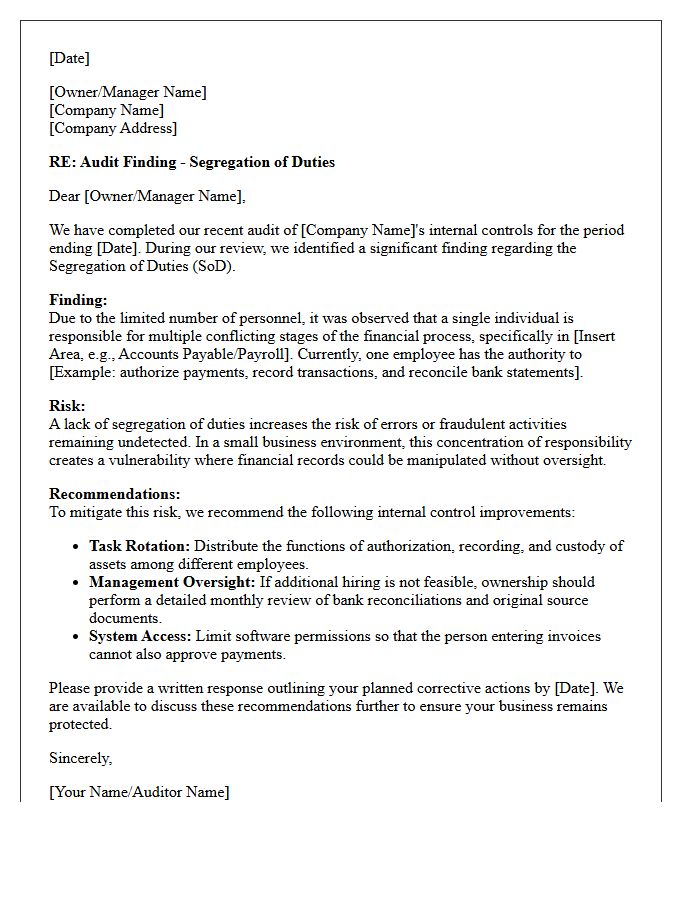 Audit Findings Letter Concerning Segregation of Duties in Small Businesses