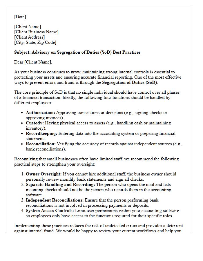 Client Advisory Letter on Segregation of Duties Best Practices in Small Businesses