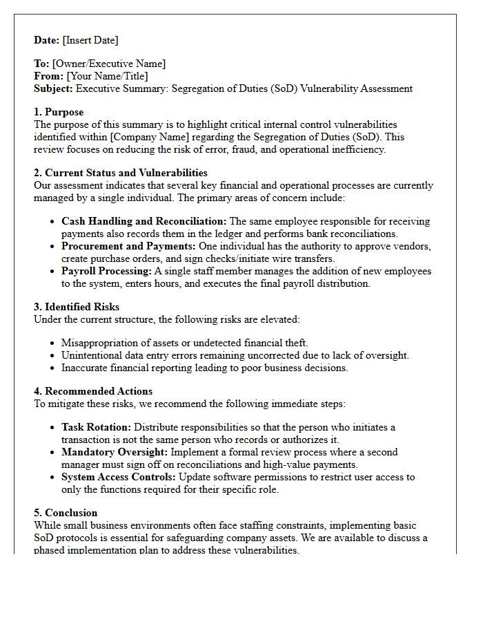 Executive Summary Letter on Small Business Segregation of Duties Vulnerabilities