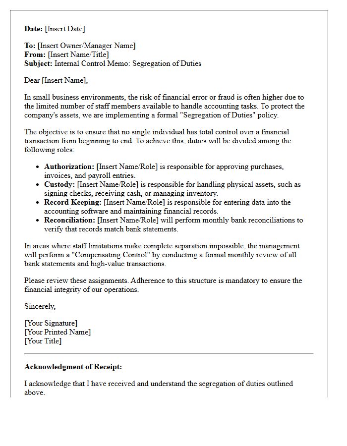 Financial Control Letter Regarding Segregation of Duties in Small Business Environments