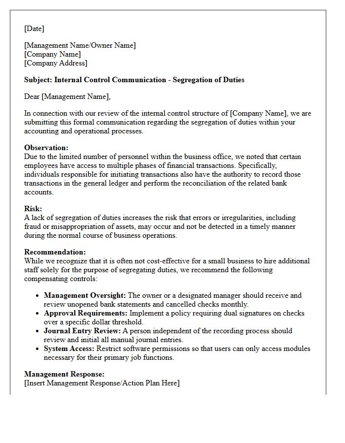 Internal Control Letter Addressing Segregation of Duties for Small Business Environments