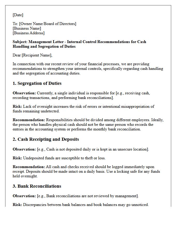 Management Letter on Cash Handling and Segregation of Duties in Small Businesses