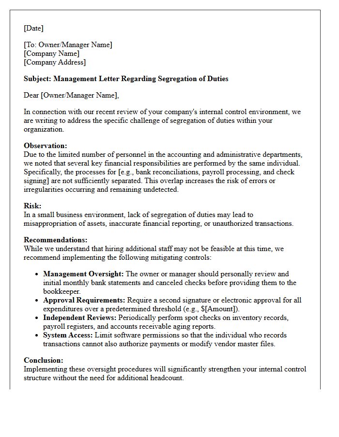 Management Letter Regarding Segregation of Duties in Small Business Environments