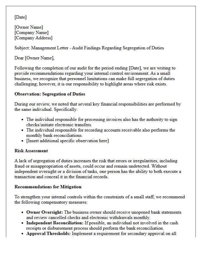 Post-Audit Management Letter Detailing Segregation of Duties in Small Businesses