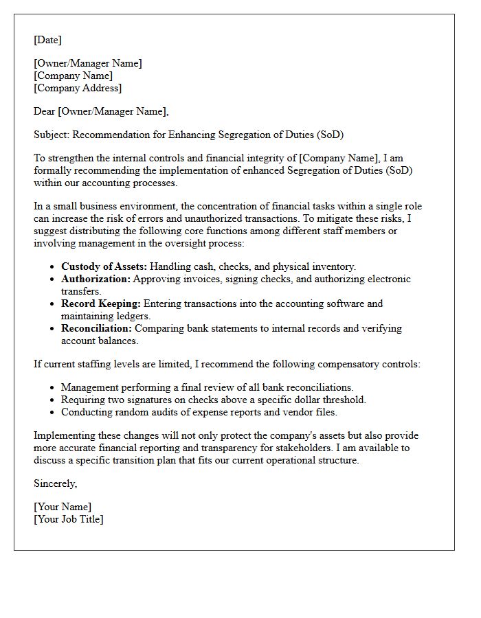 Recommendation Letter for Enhancing Segregation of Duties in Small Business Accounting