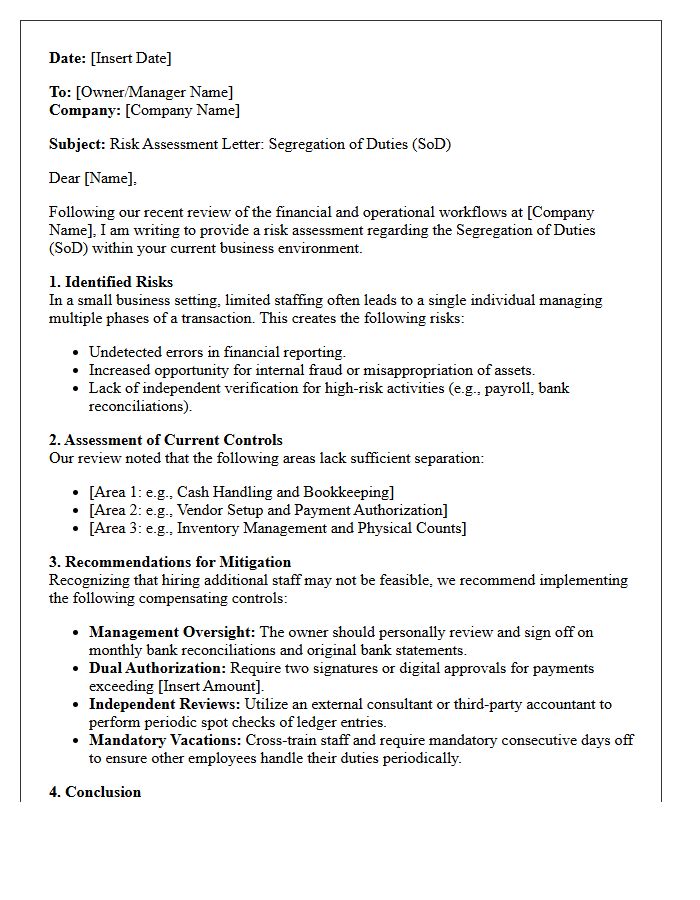 Risk Assessment Letter on Segregation of Duties for Small Business Environments
