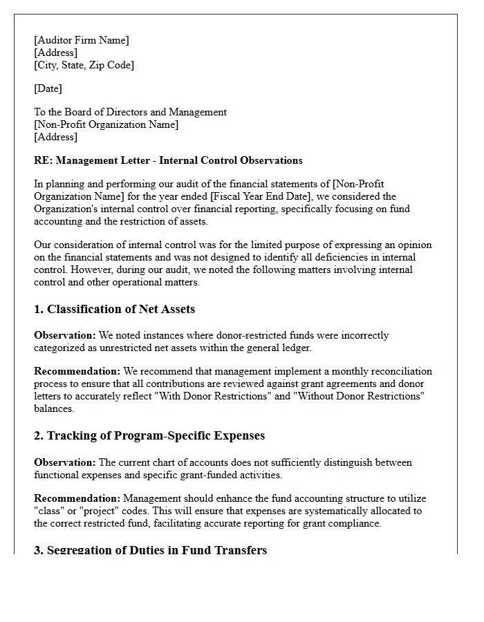 Auditor Management Letter Regarding Non-Profit Fund Accounting Internal Controls