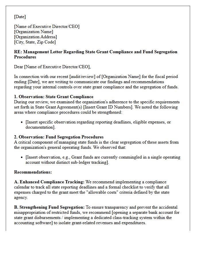 Management Letter Concerning State Grant Compliance and Fund Segregation Procedures