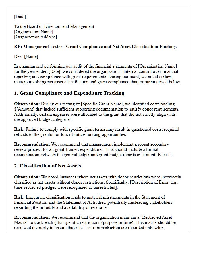 Management Letter Detailing Findings on Non-Profit Grant Compliance and Net Asset Classification