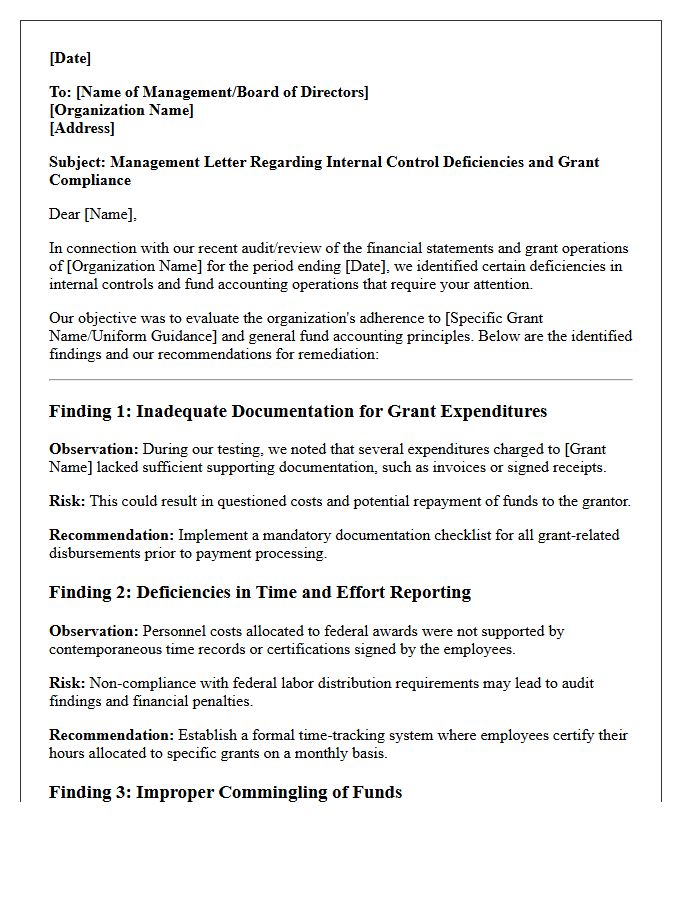 Management Letter Identifying Deficiencies in Grant Compliance and Fund Accounting Operations