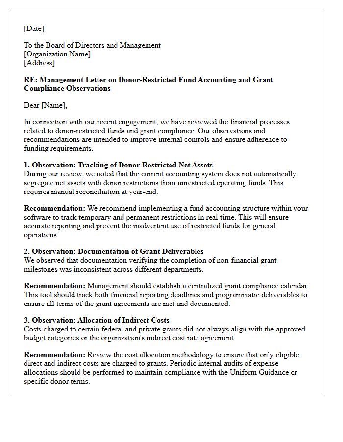 Management Letter on Donor-Restricted Fund Accounting and Grant Compliance Observations