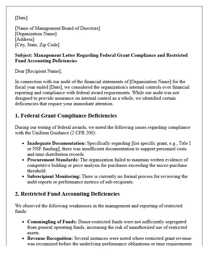 Management Letter on Federal Grant Compliance and Restricted Fund Accounting Deficiencies