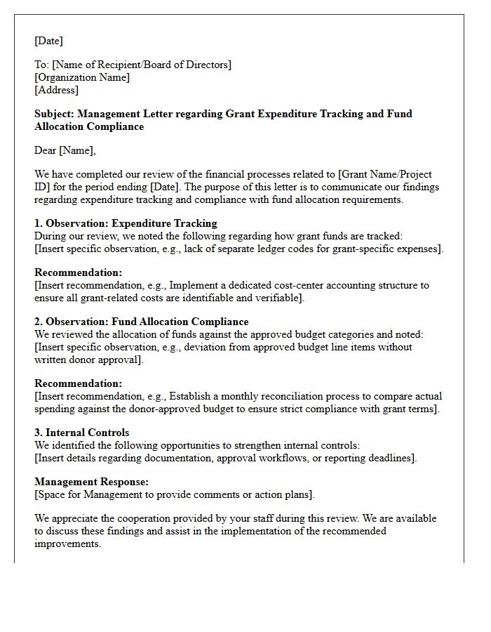Management Letter on Grant Expenditure Tracking and Fund Allocation Compliance