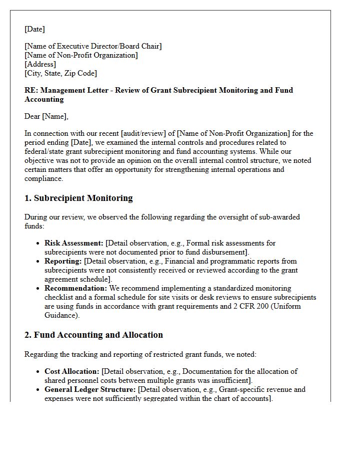 Management Letter on Non-Profit Grant Subrecipient Monitoring and Fund Accounting