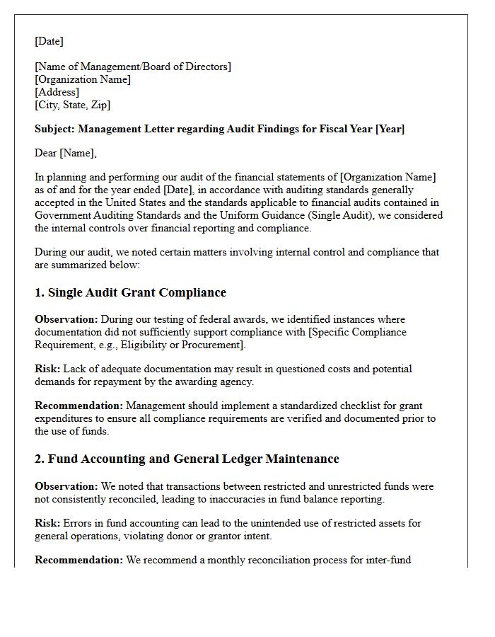 Management Letter on Single Audit Grant Compliance and Fund Accounting Weaknesses