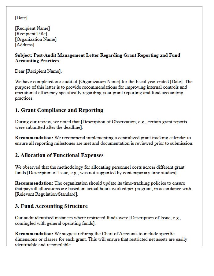 Post-Audit Management Letter on Grant Reporting and Fund Accounting Practices