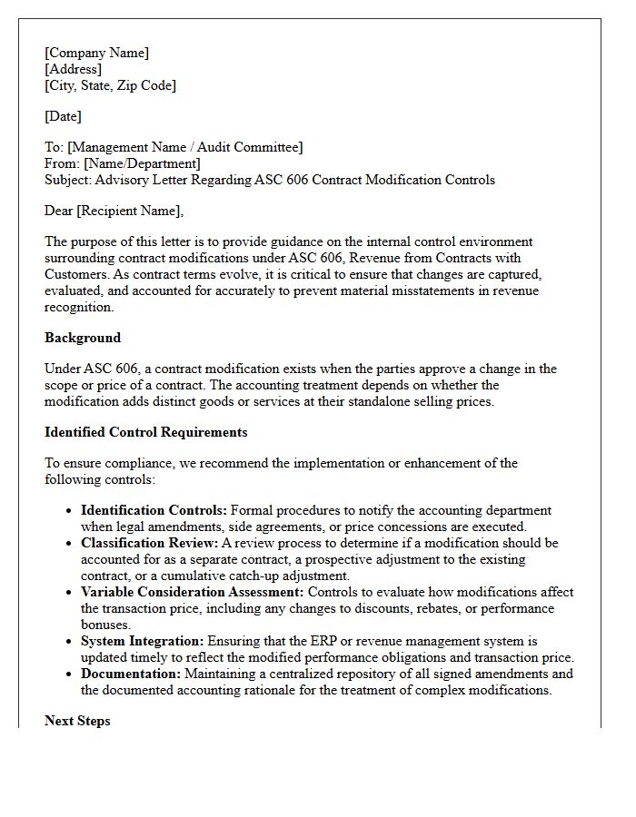 Advisory Letter Concerning ASC 606 Contract Modification Controls