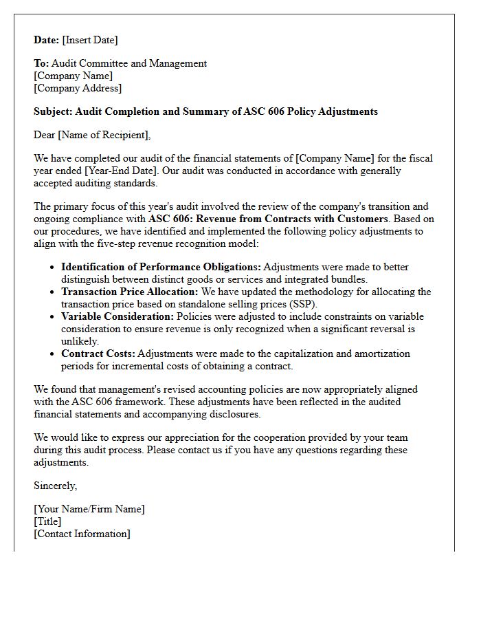 Audit Completion Letter Highlighting ASC 606 Policy Adjustments