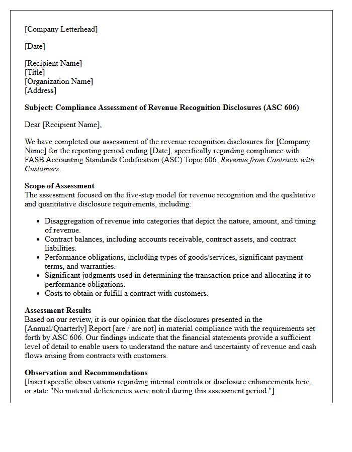 Compliance Assessment Letter for ASC 606 Revenue Recognition Disclosures