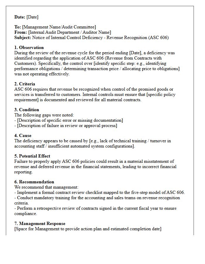Internal Control Deficiency Letter for ASC 606 Revenue Policies