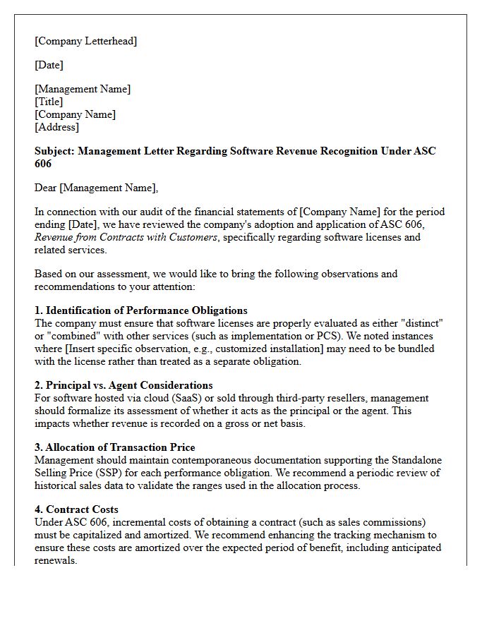 Management Letter Addressing Software Revenue Recognition Under ASC 606