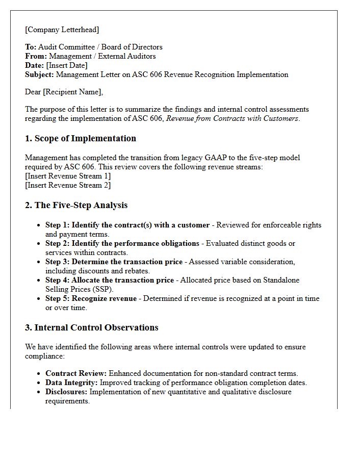 Management Letter on ASC 606 Revenue Recognition Implementation