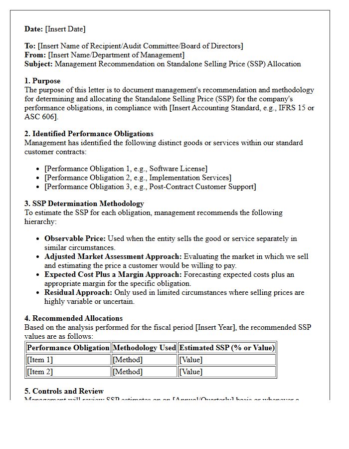 Management Recommendation Letter on Standalone Selling Price Allocation