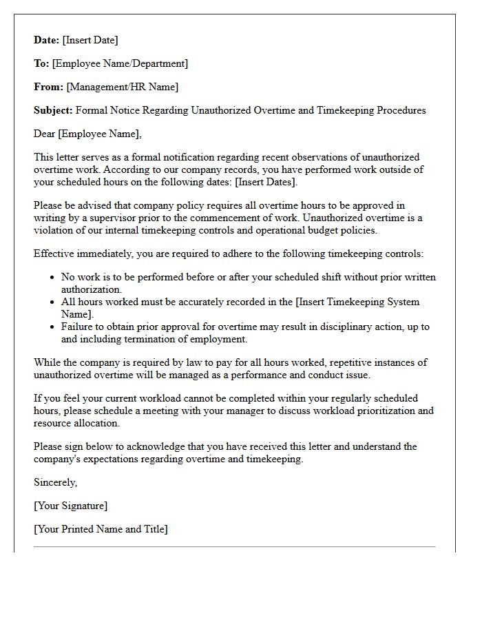 Management Letter Addressing Unauthorized Overtime and Timekeeping Controls
