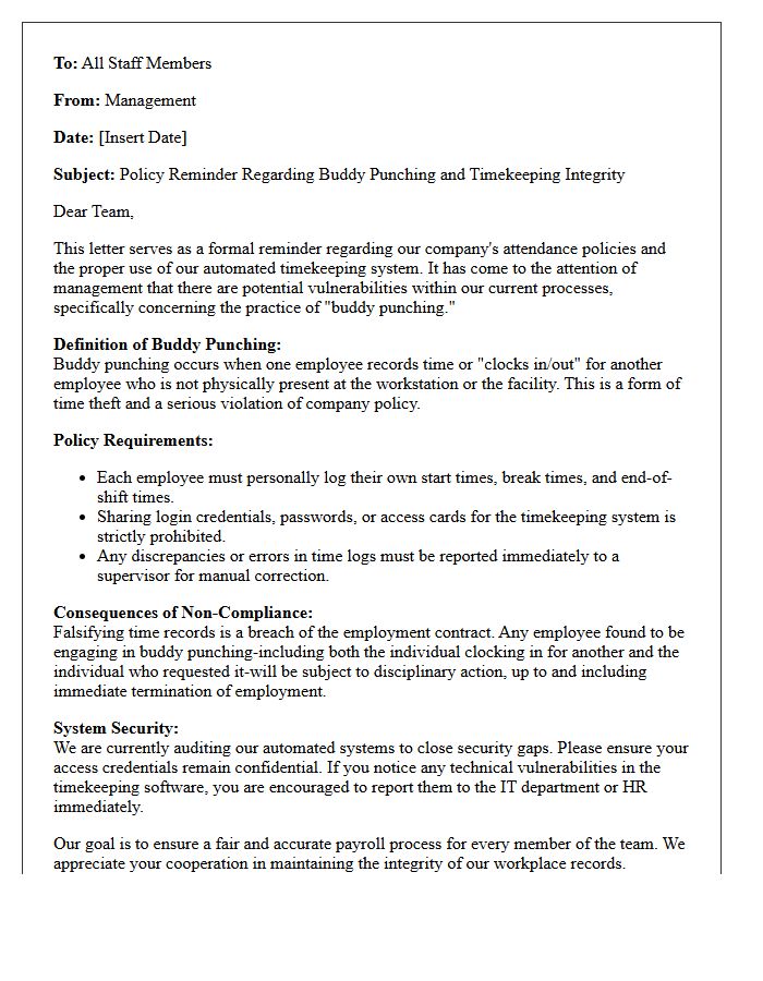Management Letter Concerning Buddy Punching and Automated Timekeeping Vulnerabilities