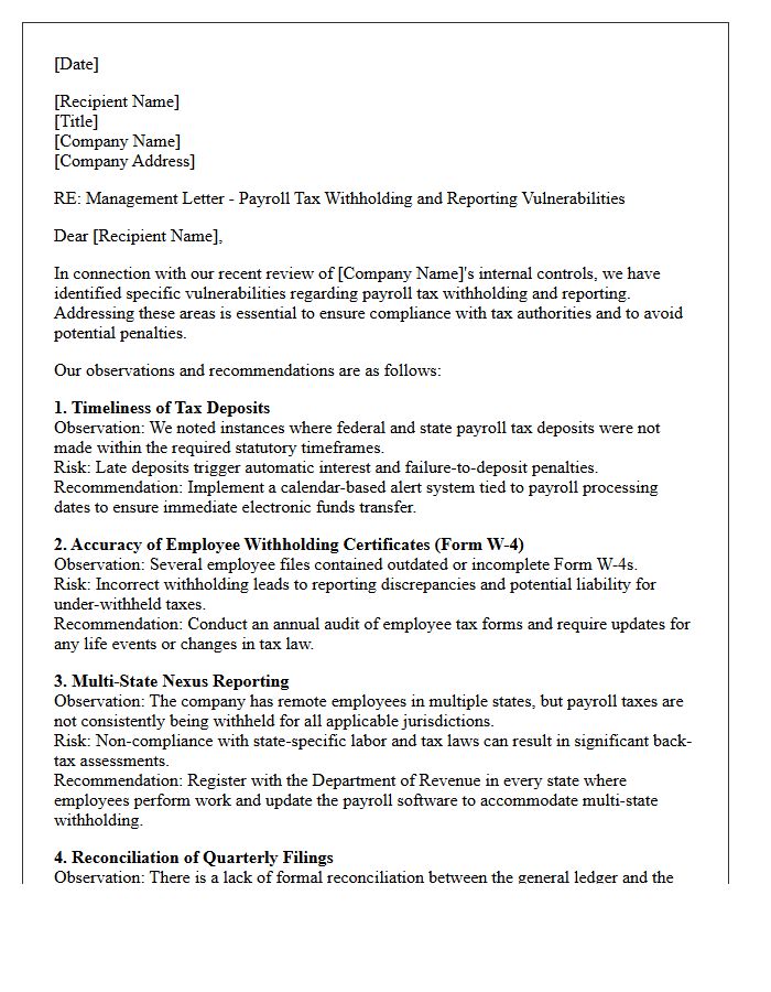 Management Letter Highlighting Payroll Tax Withholding and Reporting Vulnerabilities