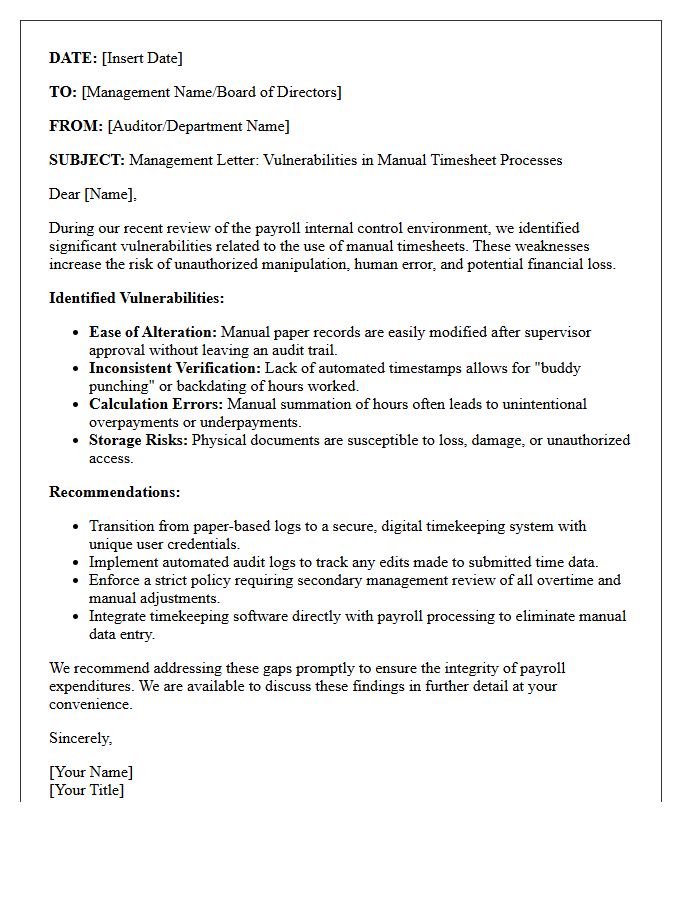 Management Letter Identifying Manual Timesheet Manipulation Vulnerabilities