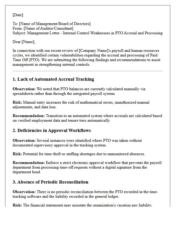 Management Letter Identifying Paid Time Off Accrual and Processing Vulnerabilities