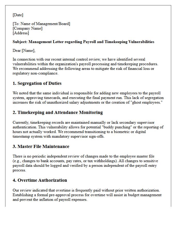 Management Letter on General Payroll Processing and Timekeeping Vulnerabilities