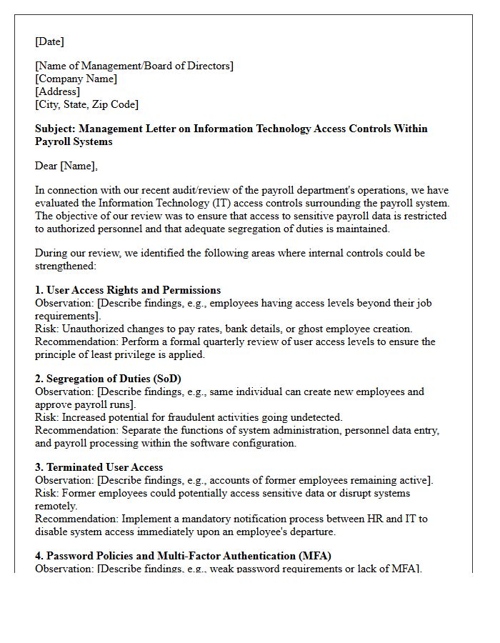 Management Letter on Information Technology Access Controls Within Payroll Systems