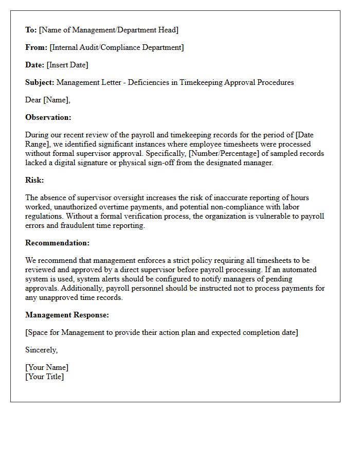 Management Letter on Insufficient Supervisor Approval in Timekeeping Procedures