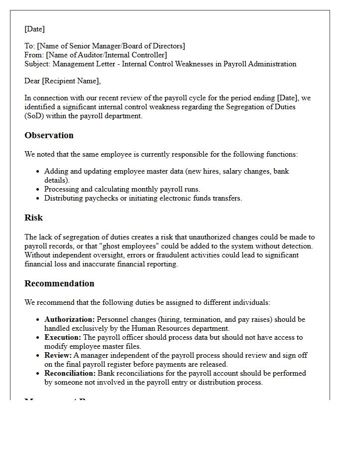 Management Letter on Segregation of Duties in Payroll Administration