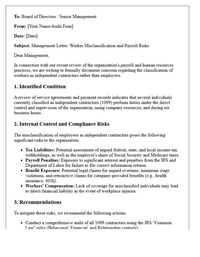Management Letter on Worker Misclassification and Associated Payroll Risks