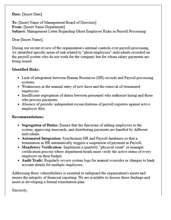 Management Letter Regarding Ghost Employee Risks in Payroll Processing