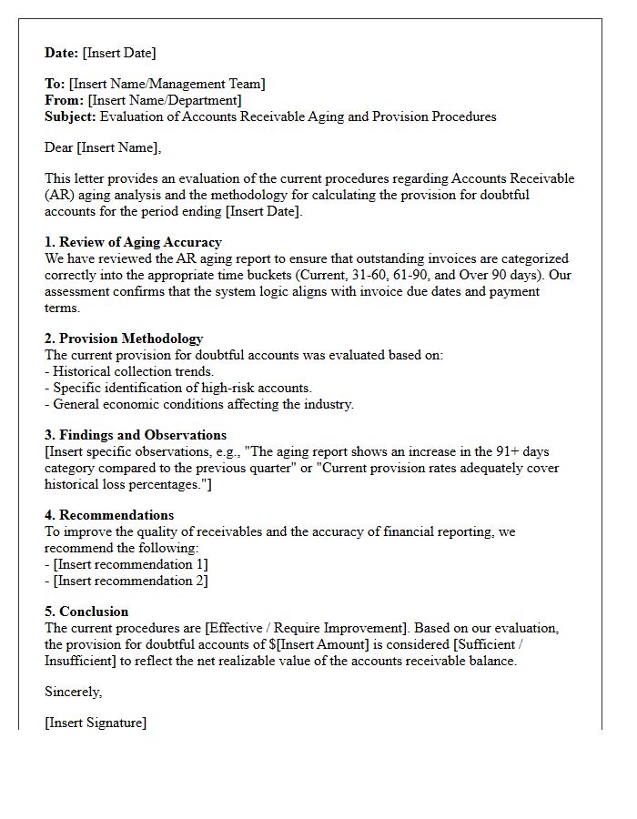 Evaluation Letter of Accounts Receivable Aging and Provision Procedures