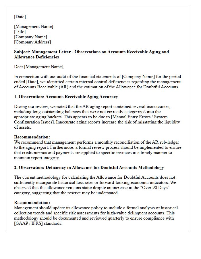 Management Letter on Accounts Receivable Aging and Allowance Deficiencies