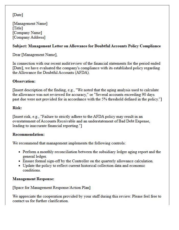 Management Letter on Allowance for Doubtful Accounts Policy Compliance