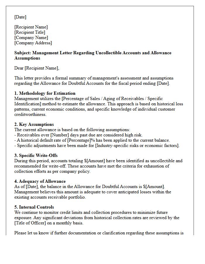 Management Letter on Uncollectible Accounts and Allowance Assumptions