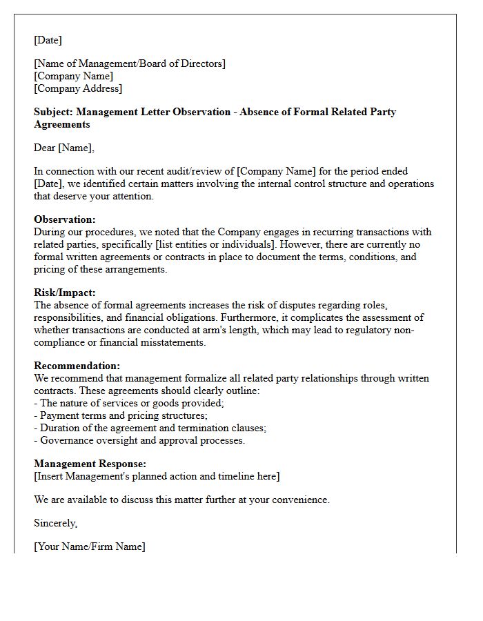 Management Letter Addressing the Absence of Formal Related Party Agreements